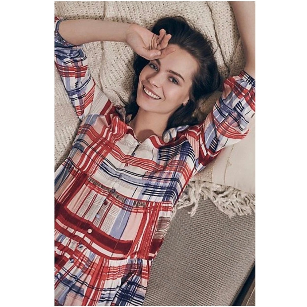 Maeve Anthropologie Plaid Babydoll Tunic Top Red Blue Orange Tiered Rayon Small